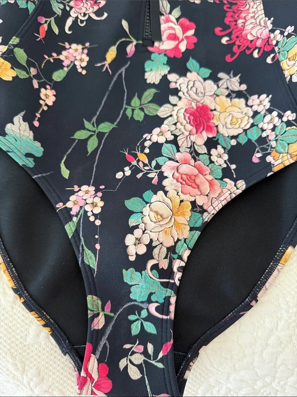 Johnny Was Black Floral Zip-Front neoprene wetsuit  with Pink & Yellow Accents